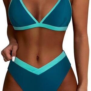 Blue Bikini with Sporty V-Neck and Geometric Trim
